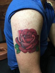 男性右手大臂上漂亮的红玫瑰花纹身图片