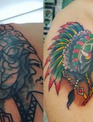 右肩膀上的彩色印第安风格人物纹身