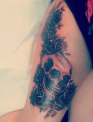 女性性感大腿上的黑色玫瑰花朵和骷髅头纹身