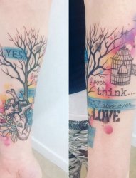 手臂彩绘纹身小树和机械心脏纹身花体英文字纹身图案