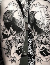 手臂上纹身黑白灰风格点刺纹身鸟纹身植物纹身素材花朵纹身简单线条纹身图片