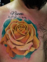 男性胸部植物纹身玫瑰花彩色纹身图片