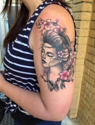 v手臂上纹身黑白灰风格点刺纹身植物纹身素材花朵纹身人物肖像纹身图片