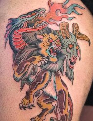 大腿上彩色纹身传统羊头纹身老虎和火龙纹身动物图片