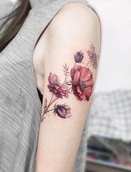 女生手臂上彩色渐变植物简单线条花朵纹身图片