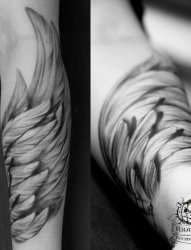 个性的黑灰点刺技巧抽象线条天使翅膀纹身图案