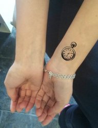 女生手腕上黑色线条素描创意复古怀表纹身图片