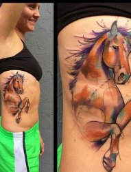 女生侧腰上彩绘水彩创意个性动物马纹身图片
