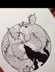 创意黑灰色浪花鲤鱼与狼匹纹身手稿素材