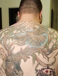 男生满背彩绘创意麋鹿、小鸟与捕梦网纹身图片