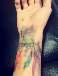 女生手臂上彩绘技巧泼墨纹身数字与英文纹身图片