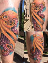 男生腿上彩绘技巧个性章鱼喷墨纹身图片