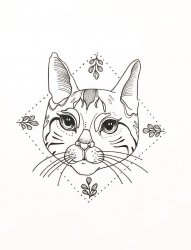 黑色素描几何元素菱形树叶框中创意花纹猫咪纹身手稿