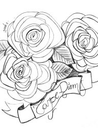 黑色线条素描唯美花朵花团和花体英文纹身手稿