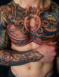 男性手臂上彩绘技巧简约线条花臂纹身图案