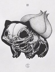 黑色素描个性动漫卡通神奇宝贝妙蛙种子骨头纹身手稿