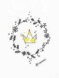 黑色线条创意花环中的黄色水彩皇冠纹身手稿