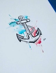 彩绘泼墨技巧简约线条船锚纹身手稿