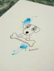 黑色线条可爱小狗水彩蓝色泼墨纹身手稿