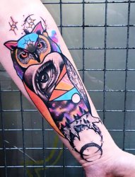女生手臂上彩绘水彩创意花臂猫头鹰纹身图片