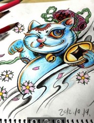 一只妖艳的招财猫纹身手稿
