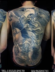 男士后背满背蓝黑色关羽人物纹身图案