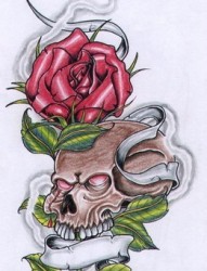 系在红玫瑰上的恶毒骷髅头纹身手稿