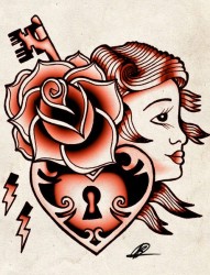 戴着红玫瑰的美女头像纹身手稿