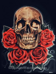 红玫瑰陪衬下的骷髅头