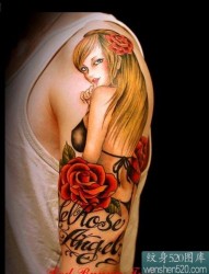 手臂上的玫瑰花和美女纹