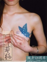 女子胸前蓝色蝴蝶纹身作