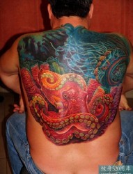 男性后背彩色的章鱼纹身图片欣赏