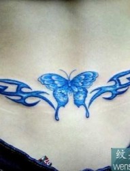 漂亮的后腰蓝色蝴蝶纹身