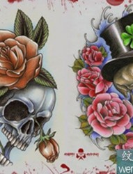 绚丽的玫瑰和骷髅头结合纹身手稿