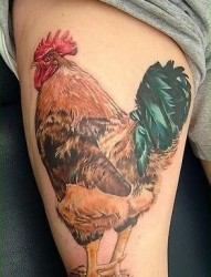 大腿上一款非常逼真的公鸡纹身图案
