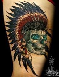 一张很帅经典的酋长骷髅纹身图案