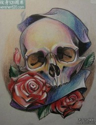 时尚经典的一张欧美彩色骷髅与玫瑰纹身图案