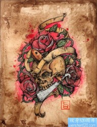 流行精美的new school骷髅玫瑰花纹身图片
