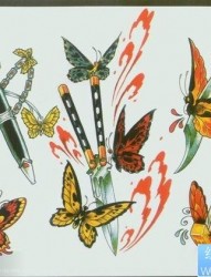 一张漂亮精美的蝴蝶与匕首纹身手稿