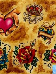 一组前卫流行的玫瑰花爱心锁与钥匙纹身图片