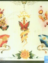 一组前卫流行的小扇子・蝴蝶・玫瑰花纹身图片
