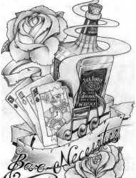 欧美风一张威士忌扑克牌玫瑰花纹身手稿