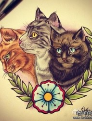 一组流行可爱的猫咪纹身手稿