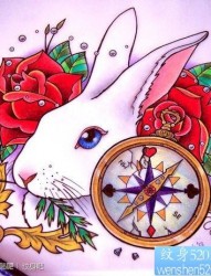 一张经典前卫的兔子与指南针纹身手稿