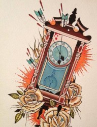 一张经典前卫的钟表玫瑰纹身手稿
