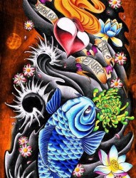 前卫很酷的一张鲤鱼骷髅菊花莲花纹身图片