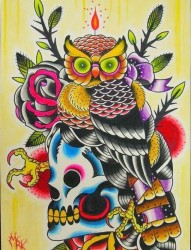 前卫流行的一张猫头鹰与骷髅纹身手稿