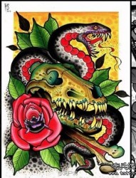 流行很酷的一张蛇与恐龙骷髅纹身图片