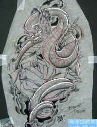 流行很帅的一张蛇玫瑰花纹身手稿