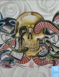 流行很帅的一张骷髅蛇手枪纹身图片